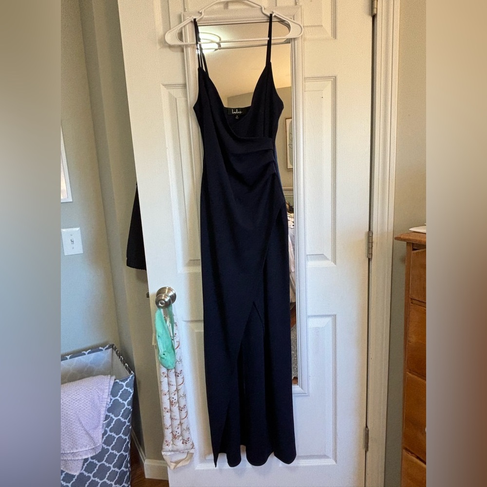 Lulu's Navy Ruched Side Slit Midi Dress